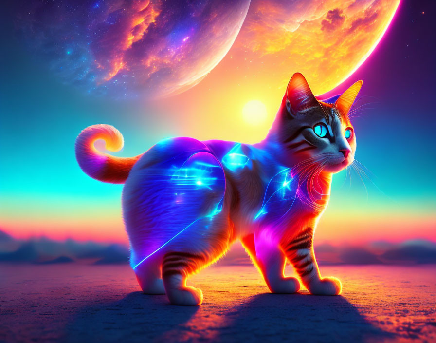 Colorful Cat Digital Artwork with Moon and Sunset Sky