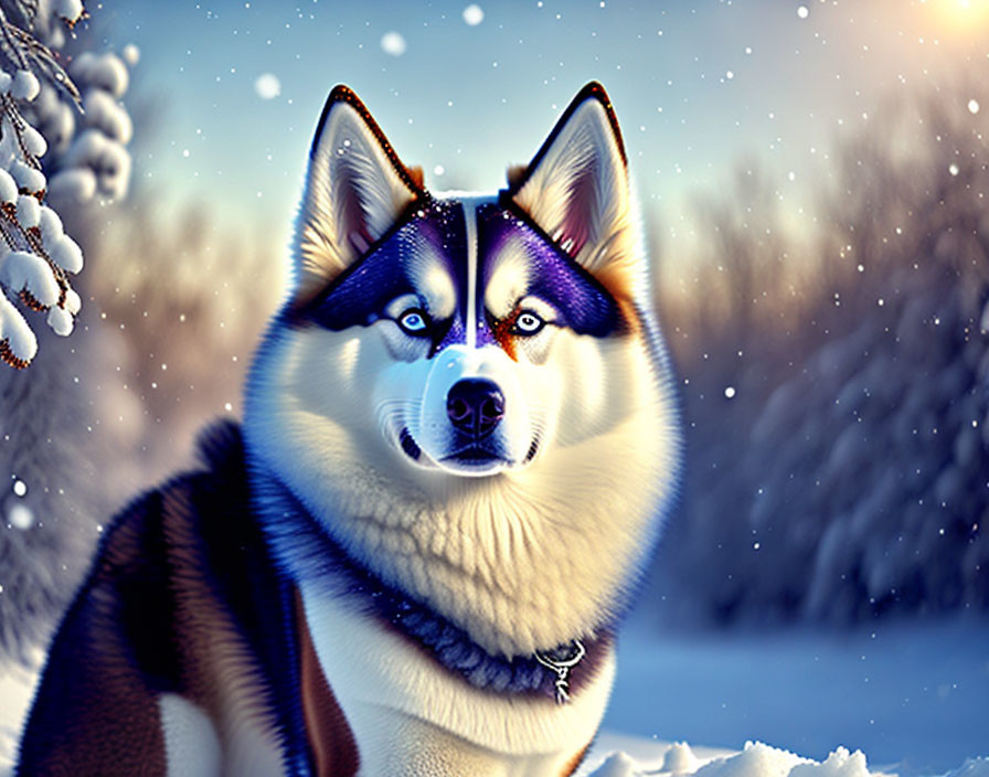 Siberian Husky with Blue Eyes in Snowy Landscape