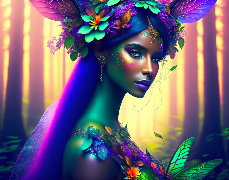 Colorful Female Fairy Illustration with Purple-Blue Hair in Enchanted Forest