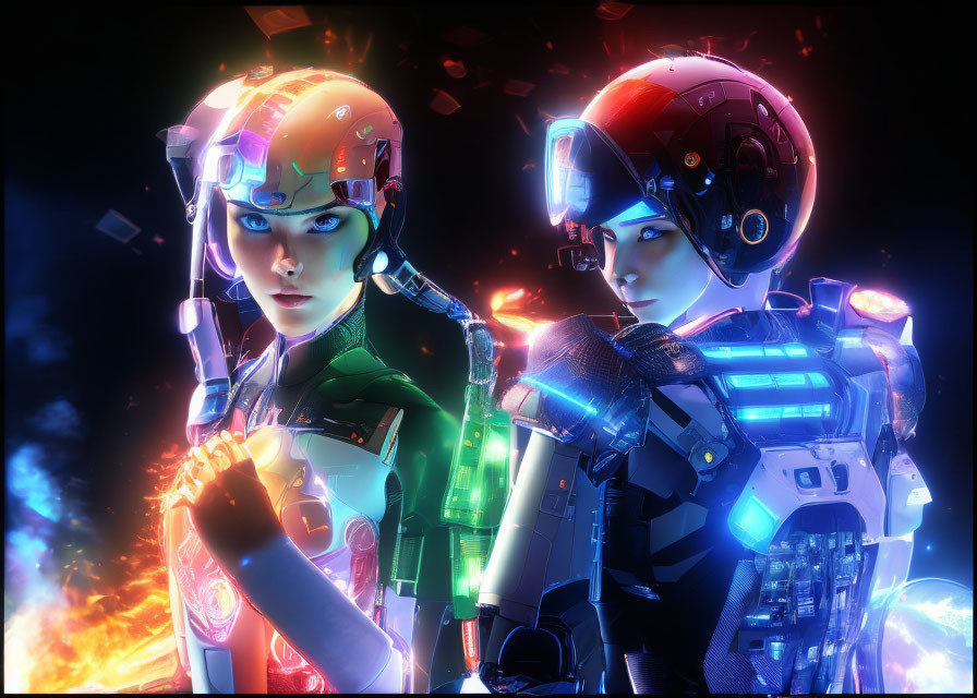 Futuristic individuals in advanced helmets and armor under blue and orange lights