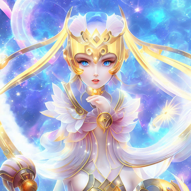 Ethereal female figure in golden armor and crown against cosmic starry backdrop