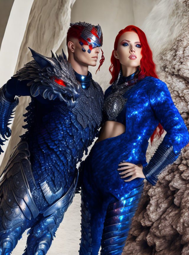 Fantasy Costumed Duo in Dragon Armor and Celestial Bodysuit against Rocky Background