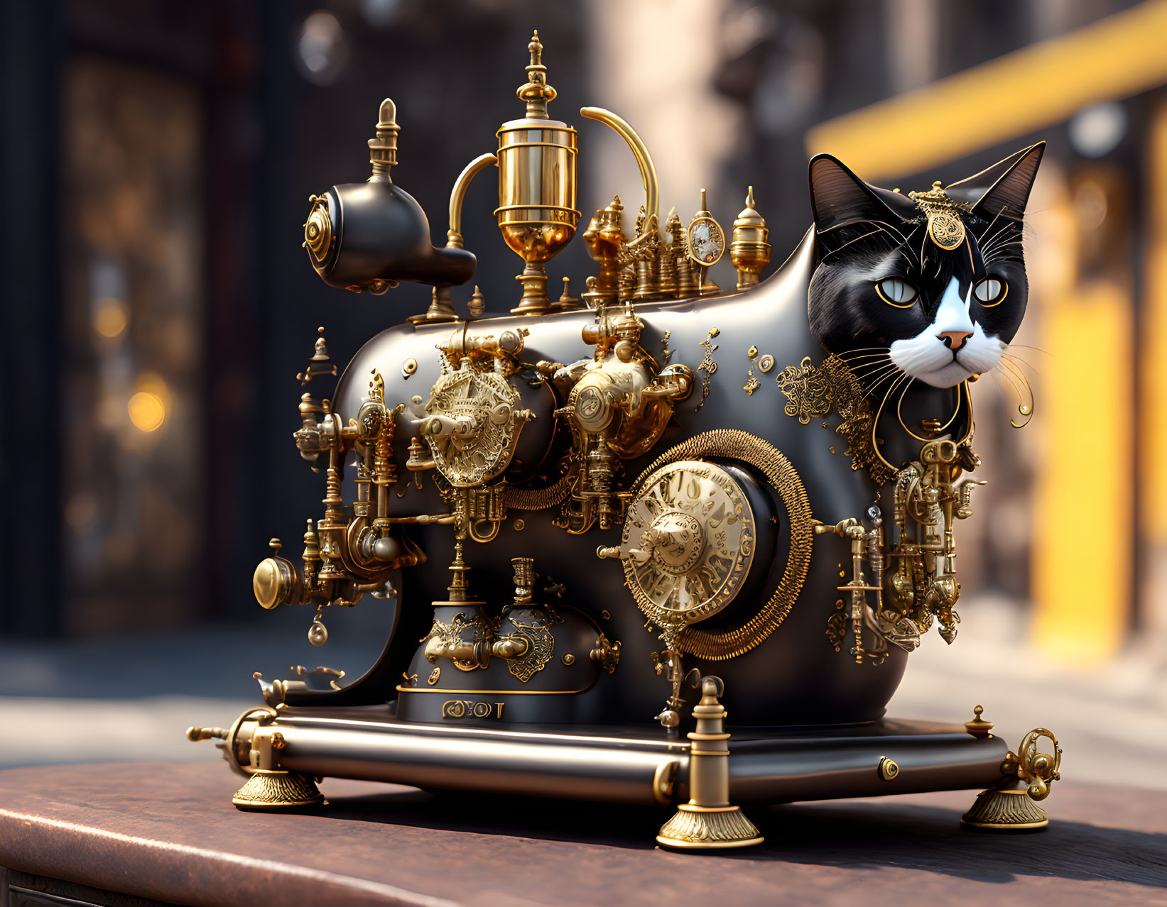 Steampunk-style cat illustration with metallic gears and industrial backdrop