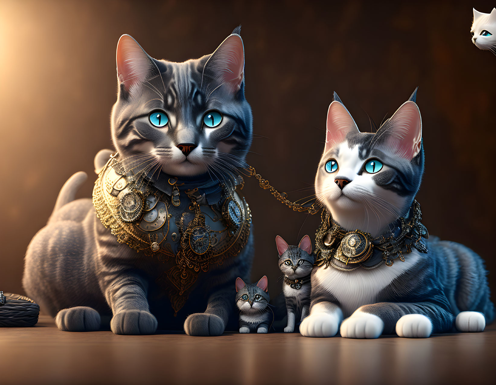 Three realistic animated cats with striking blue eyes and golden necklaces against a dark background