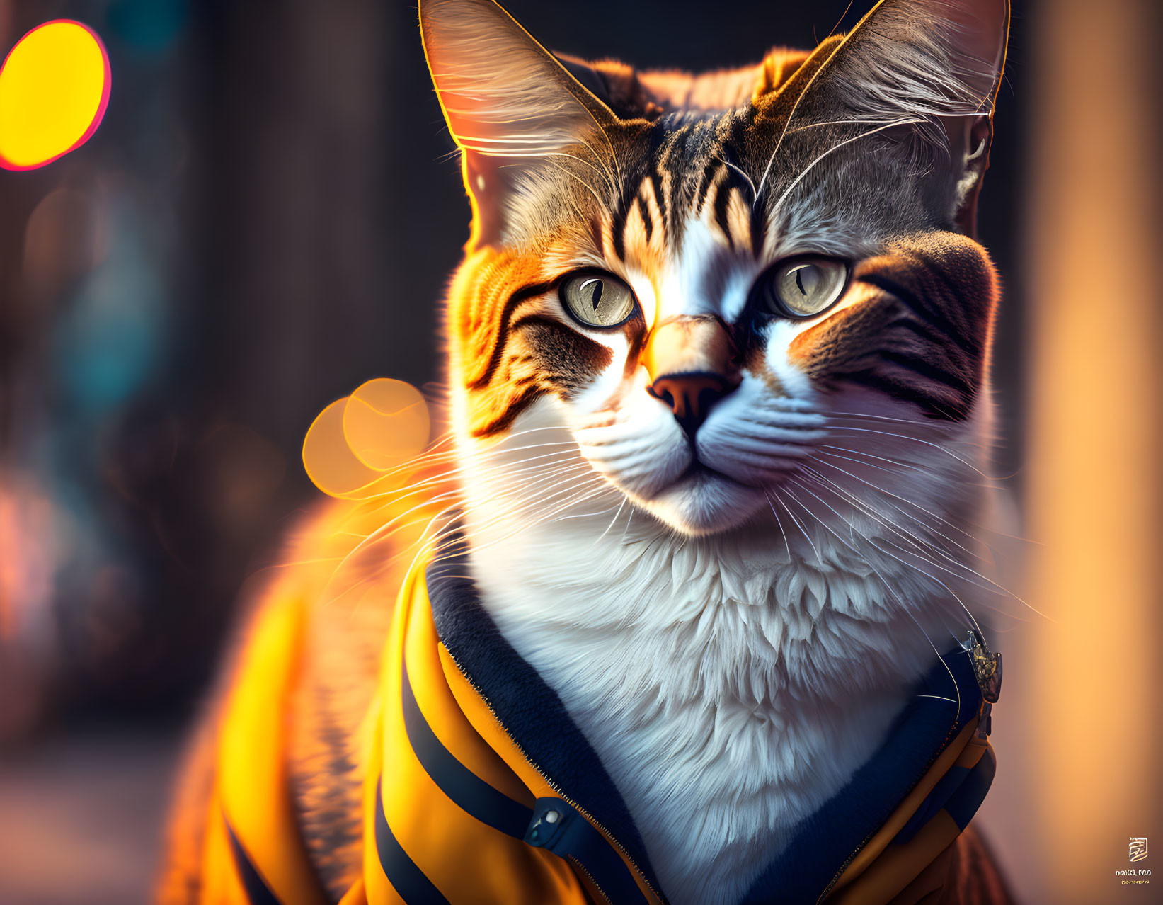 Realistic tabby cat in yellow jacket with city lights backdrop