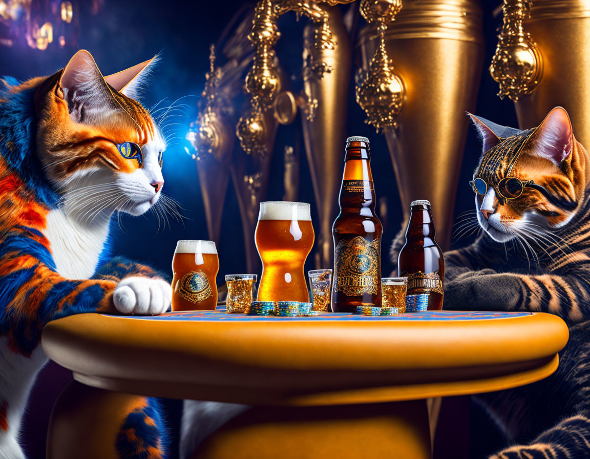 Two cats in bar setting with beer bottles and glasses, one cat reaching for a drink, golden dr