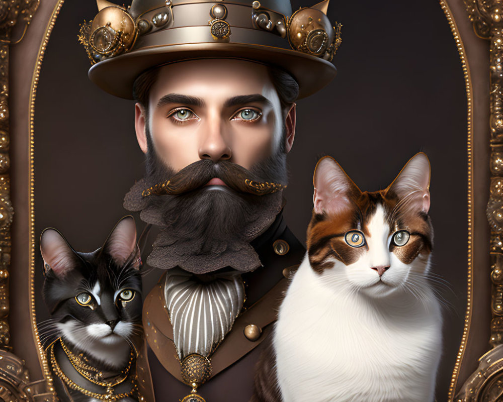 Portrait of a man with stylized beard, two cats, and ornate golden frames