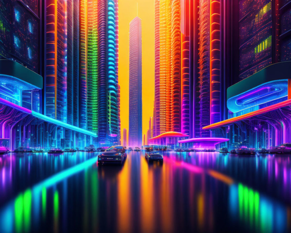 Futuristic cityscape with neon lights and flying cars at dusk