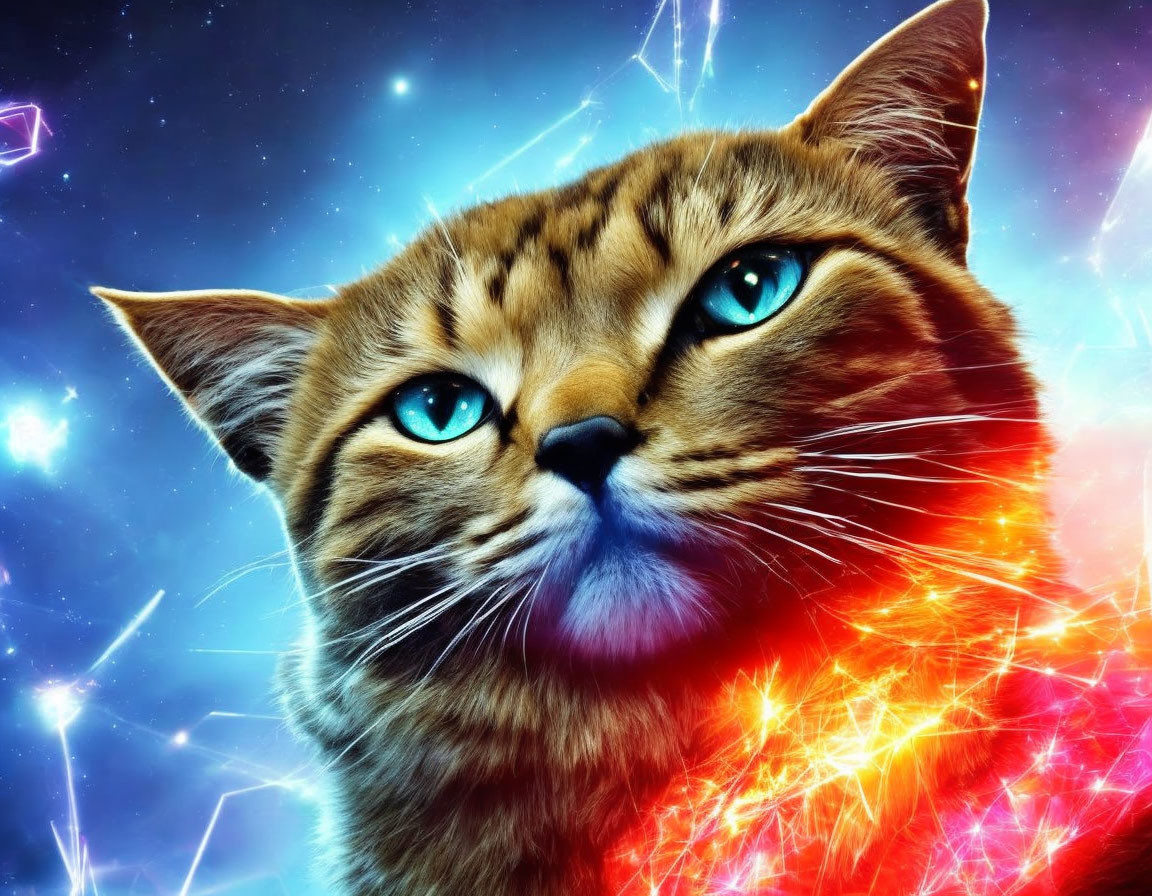 Cosmic galaxy background with vivid cat portrait and blue eyes