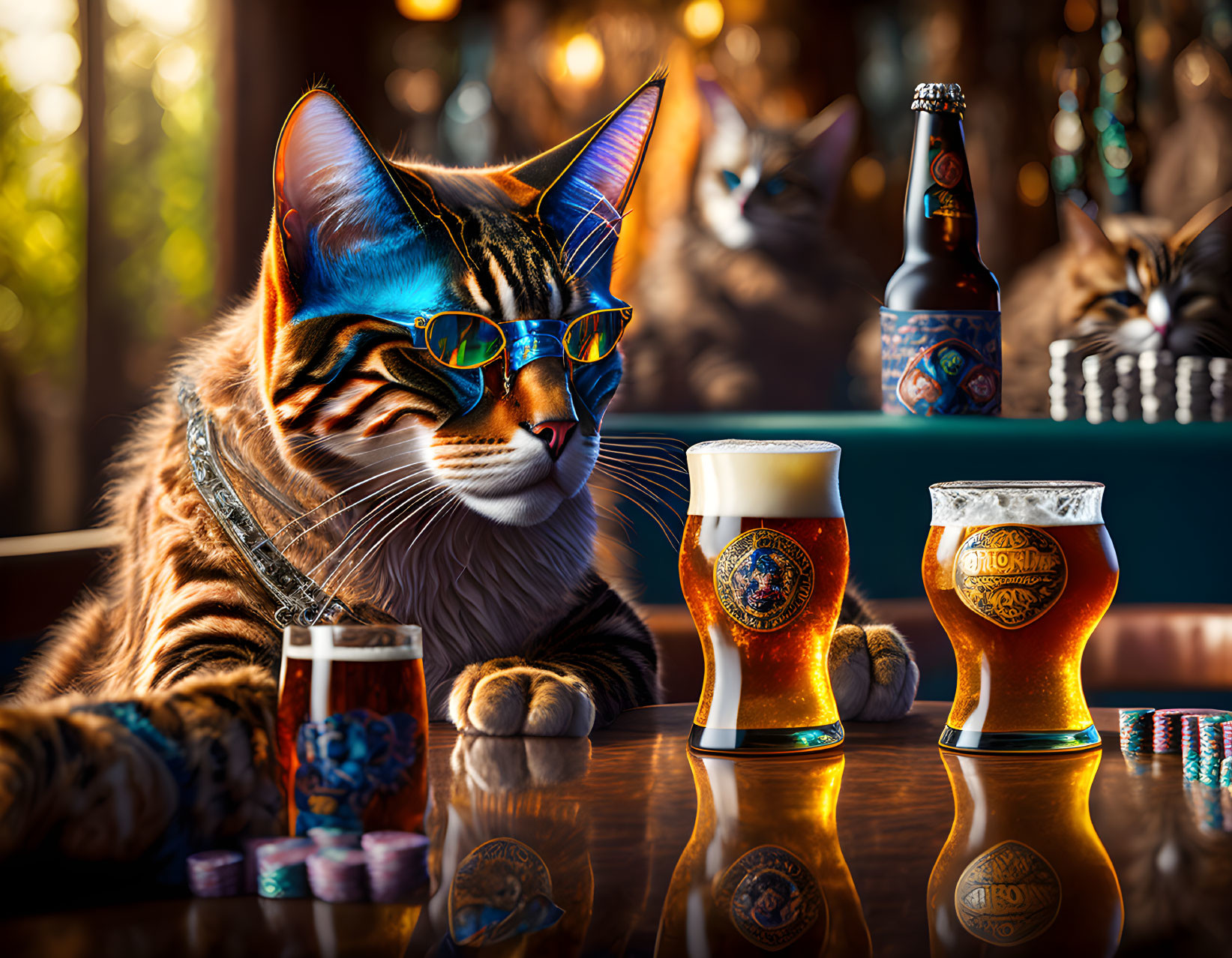 Cool Cat with Sunglasses at Bar with Beer Glasses and Poker Chips