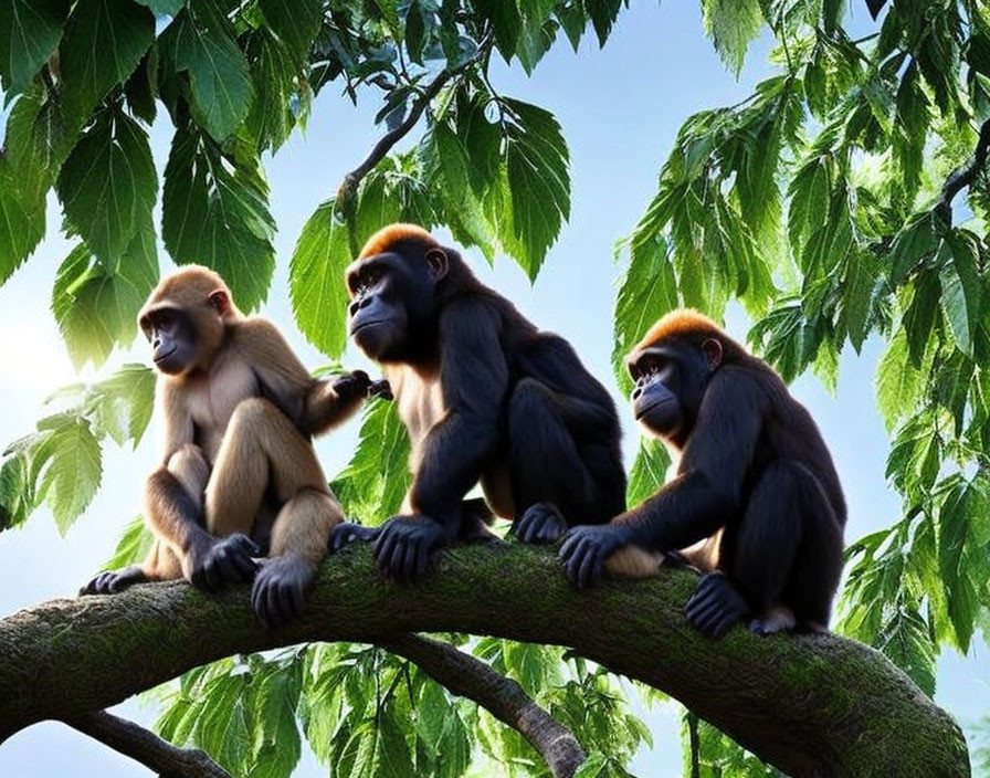 Three Orange-Faced Monkeys on Tree Branch with Green Leaves