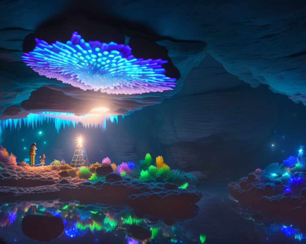 Majestic underground cave with glowing plants, crystals, water, and stalactites