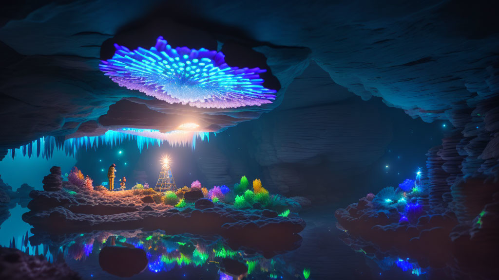 Majestic underground cave with glowing plants, crystals, water, and stalactites