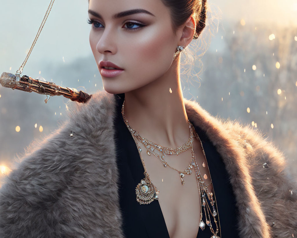 Elegant woman with jewelry and violin bow in black outfit against sparkling backdrop