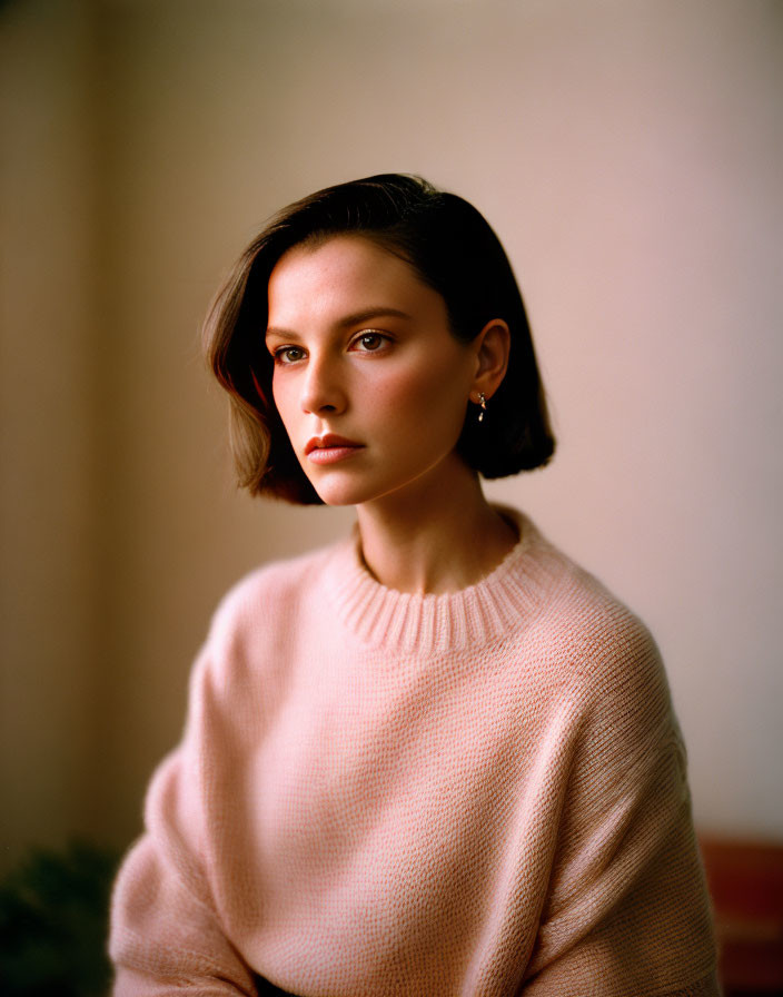 Woman in Pink Sweater with Short Dark Hair Under Soft Lighting