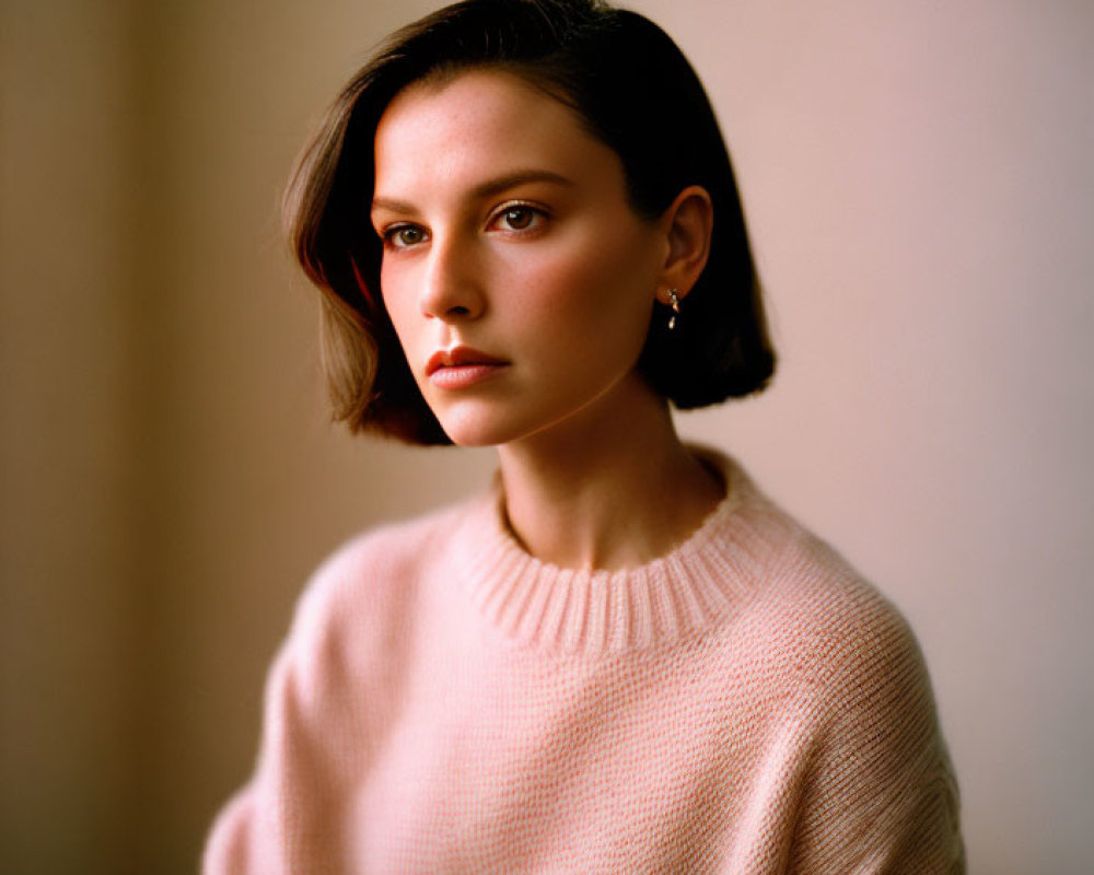 Woman in Pink Sweater with Short Dark Hair Under Soft Lighting