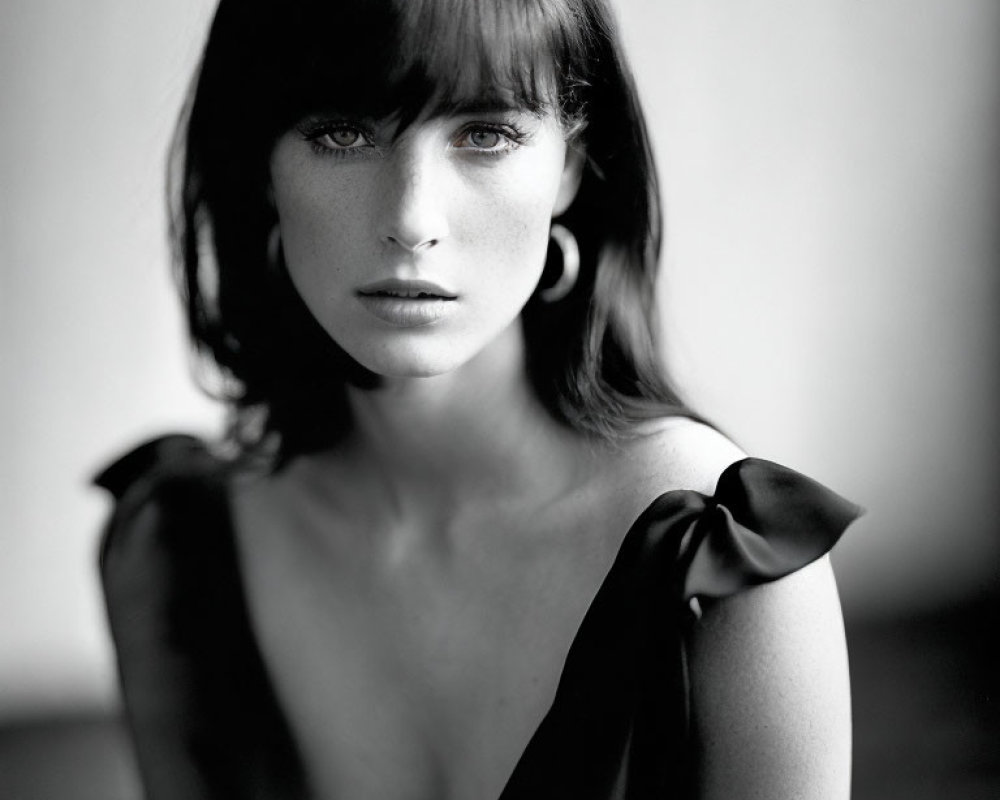 Monochrome portrait of woman with dark hair and off-shoulder top