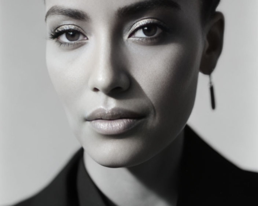 Monochrome portrait of woman in blazer with tied-up hair