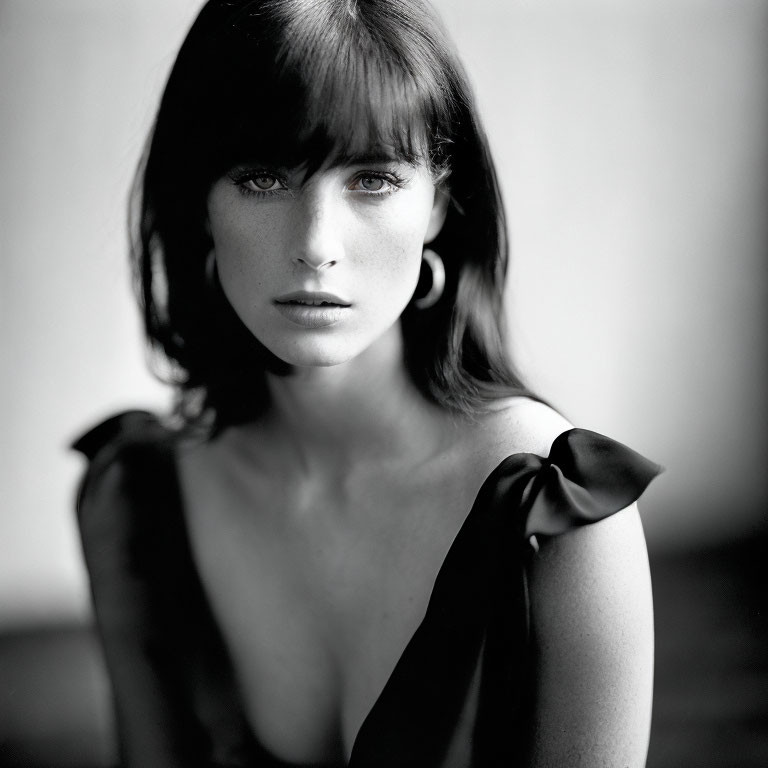 Monochrome portrait of woman with dark hair and off-shoulder top