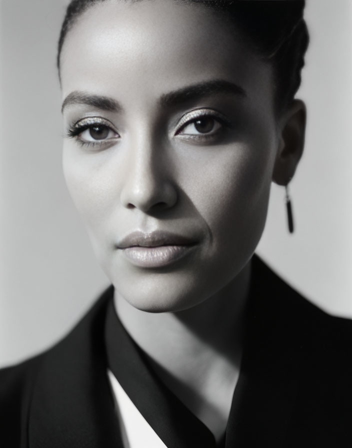 Monochrome portrait of woman in blazer with tied-up hair