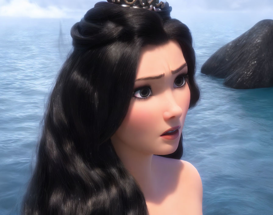 Animated character with long black hair in a worried expression by a seascape.