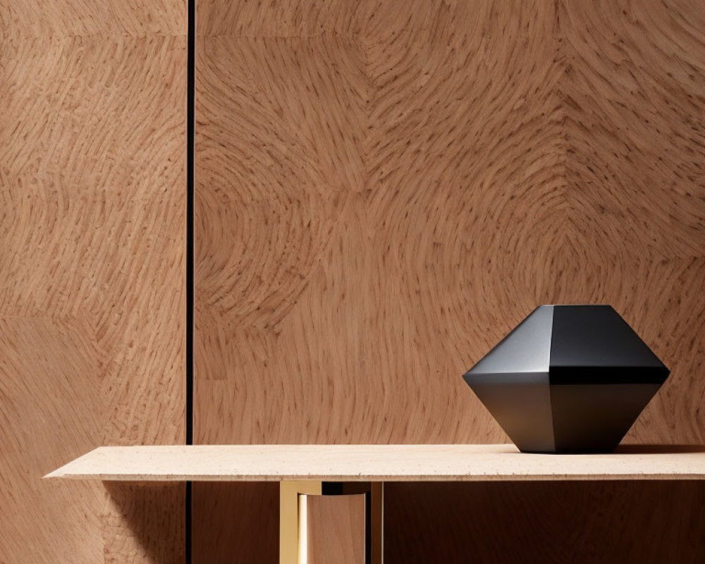 Contemporary interior with geometric sculpture on wooden shelf and herringbone wall.