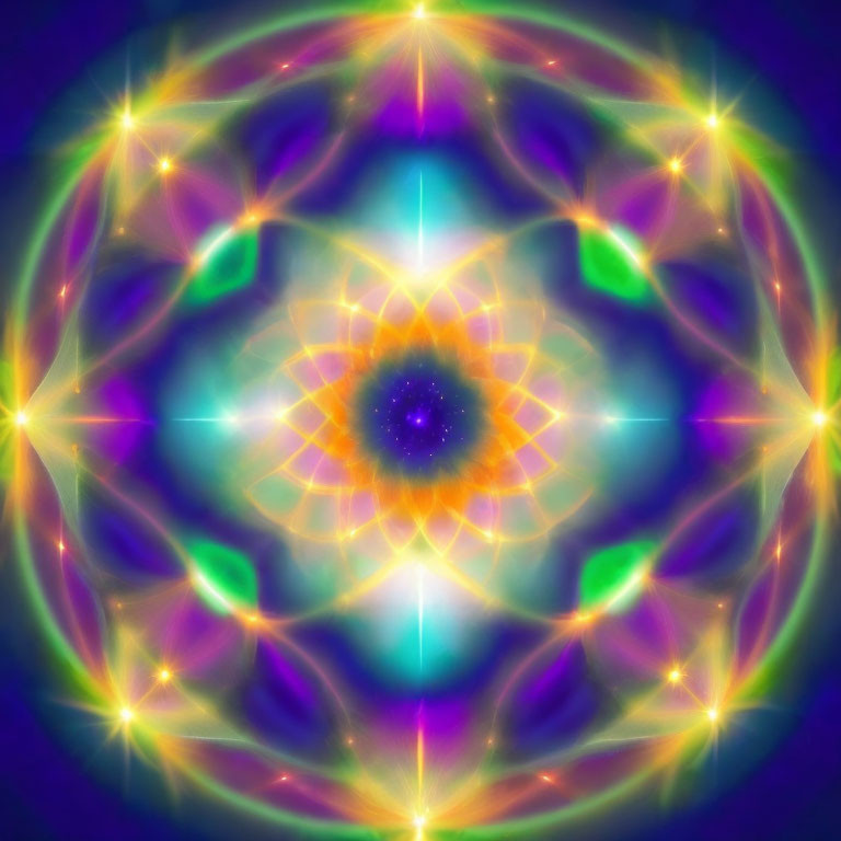 Symmetrical fractal pattern with glowing star and neon mandala design