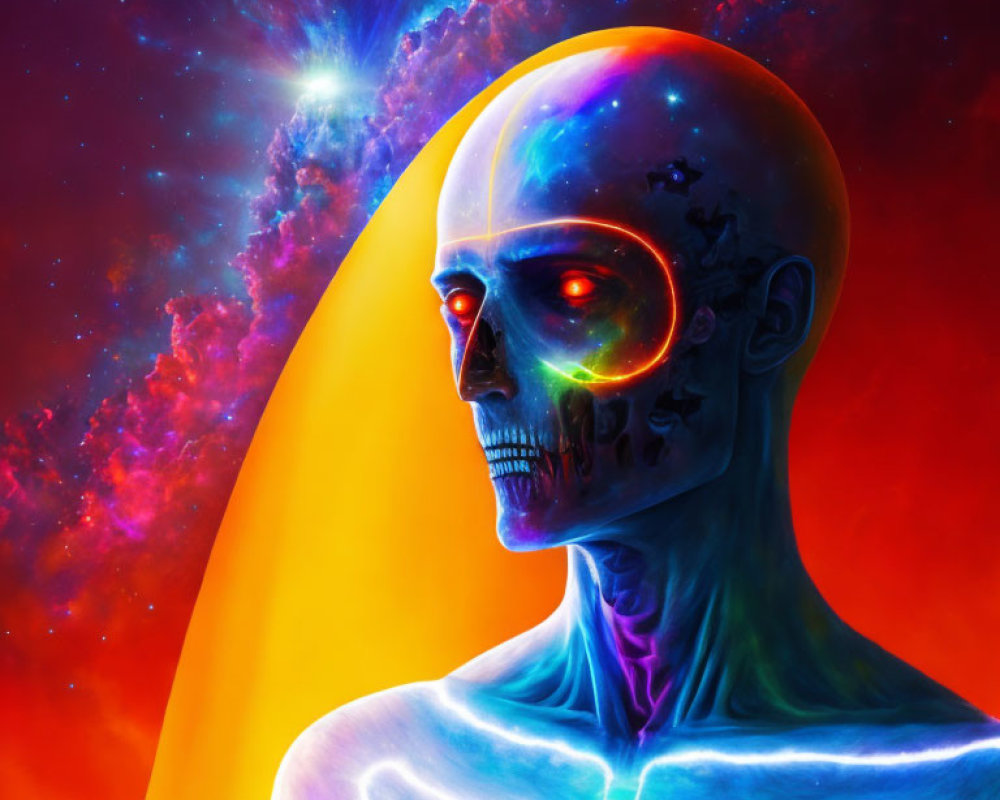 Colorful skeletal figure with cosmic elements in vibrant digital artwork