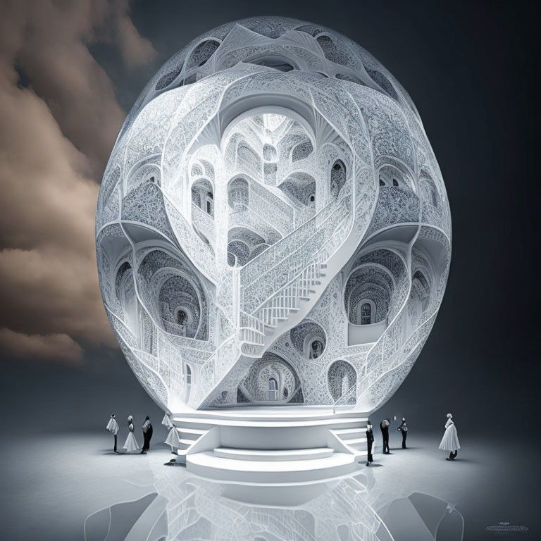 Intricate lace-like spherical structure with tiny human figures on reflective surface