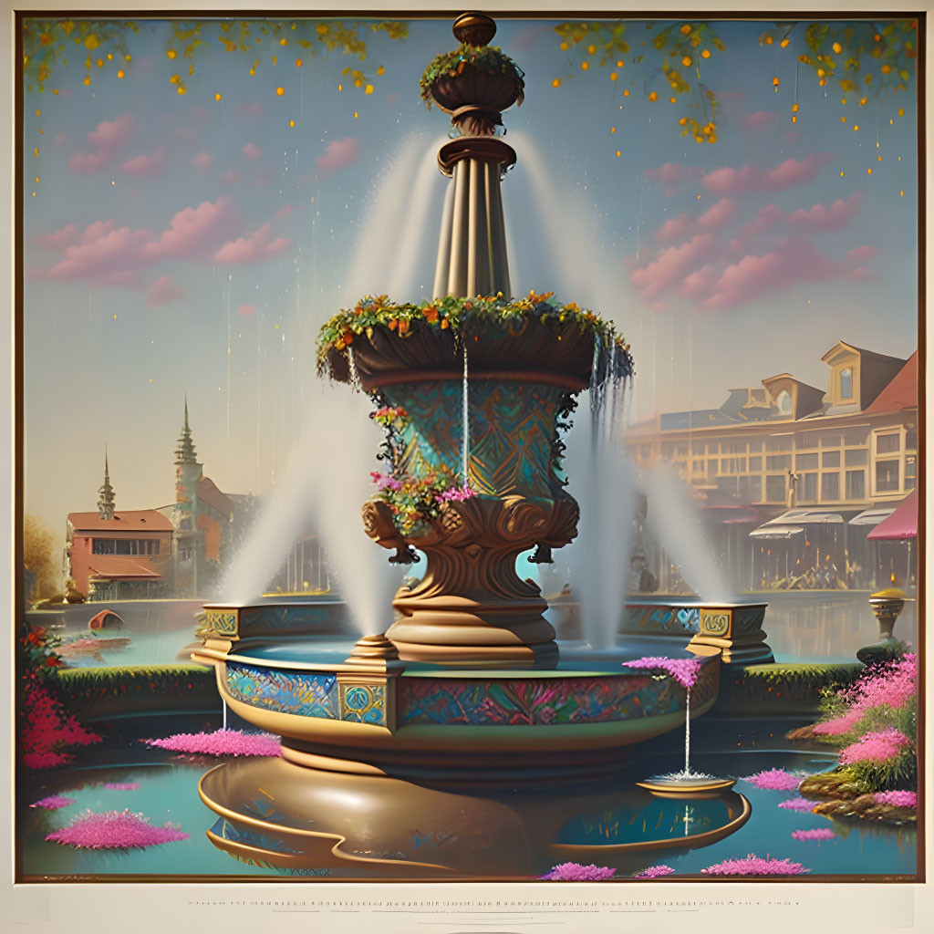 Ornate fountain with water jets, flowers, greenery, and quaint buildings under lantern-lit