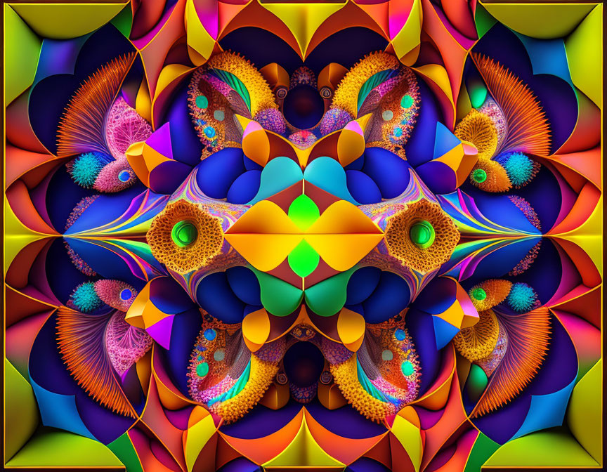 Symmetrical fractal design with vibrant purple, blue, orange, and yellow palette