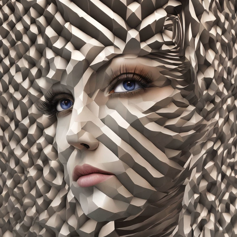 3D illustration of woman's face blending into grayscale cubes