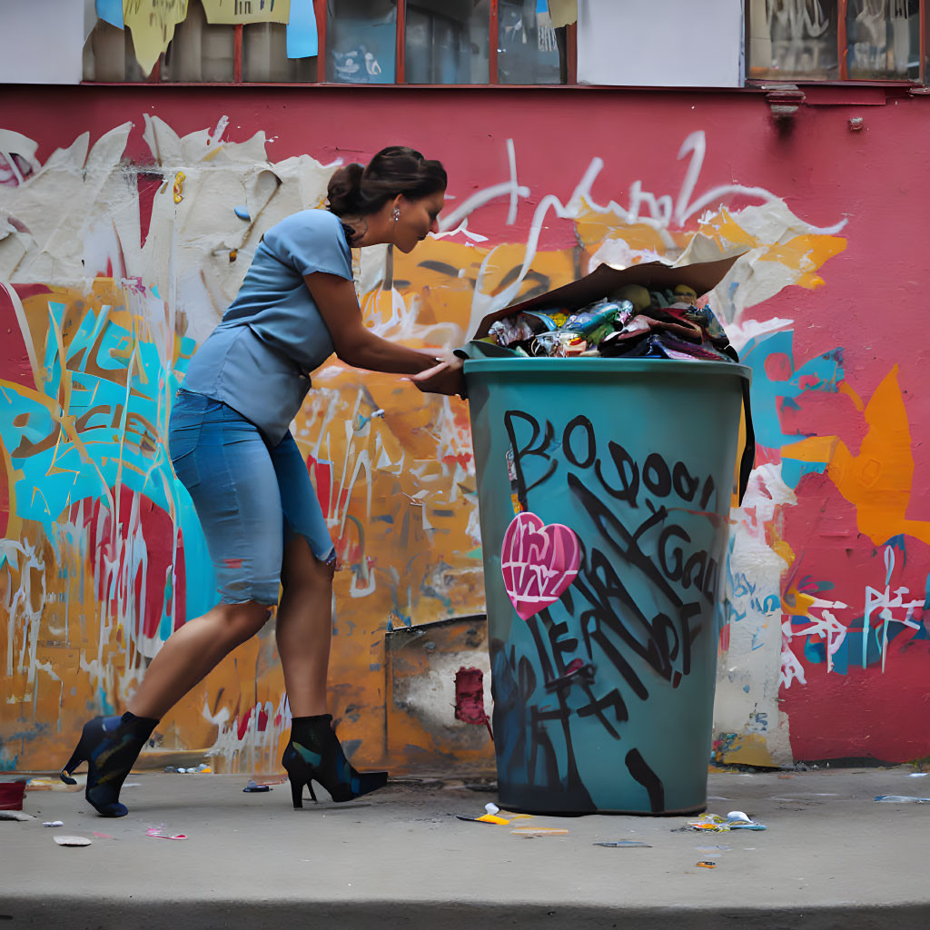 Woman in Blue Top and Jeans Dumping Trash in Overflowing Street Bin