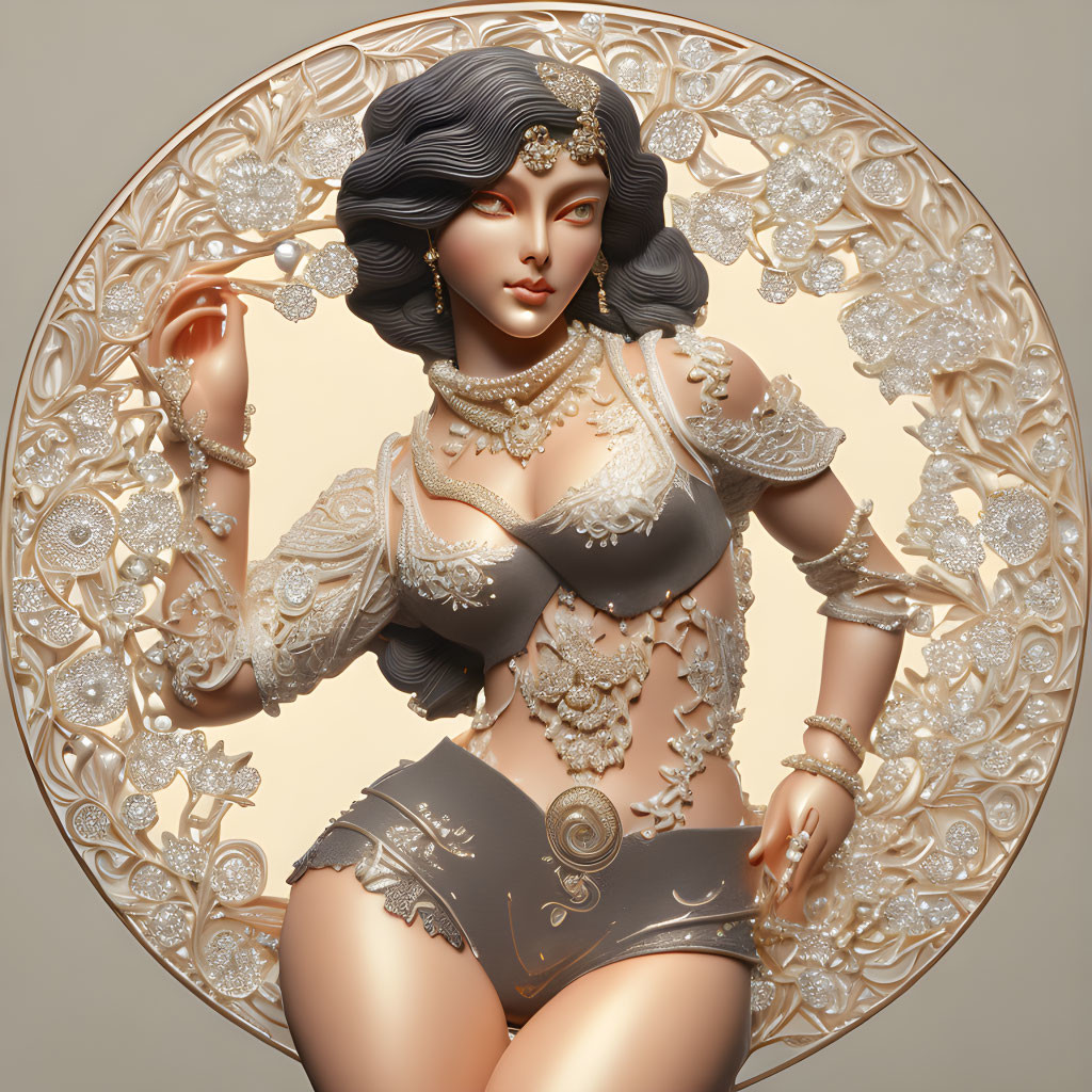 Stylized woman with golden jewelry in ornate circular backdrop