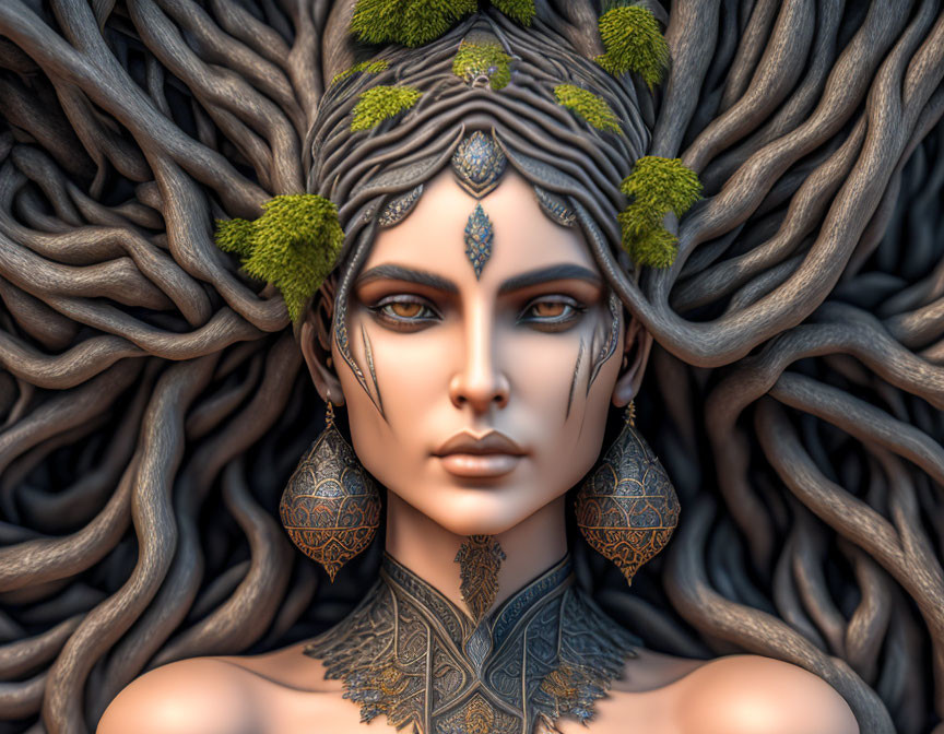 Detailed digital painting of woman with stylized makeup and ornate accessories in a textured setting