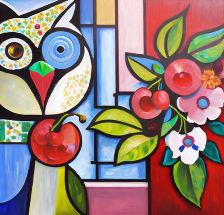 Vibrant abstract painting with stylized owl, flowers, and cherries