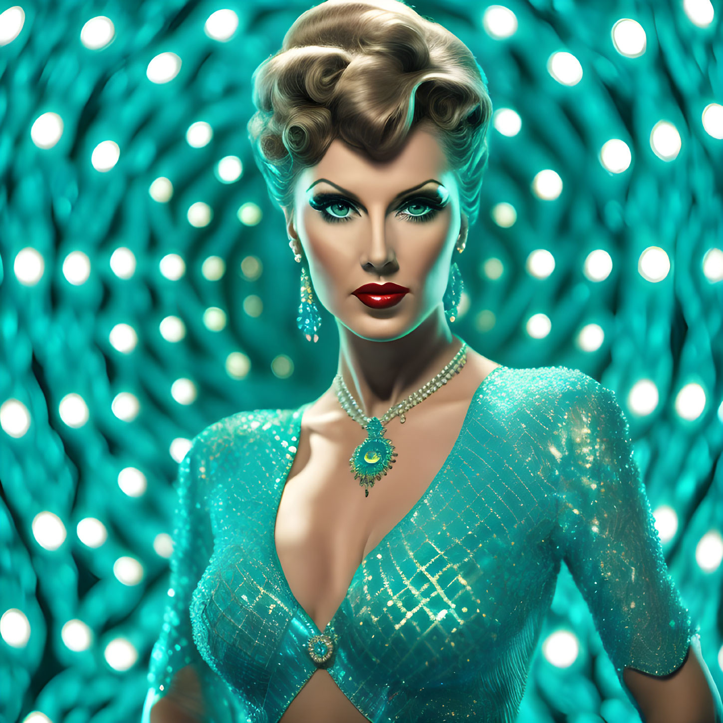 Vintage Glamorous Woman in Turquoise Attire and Pearl Jewelry