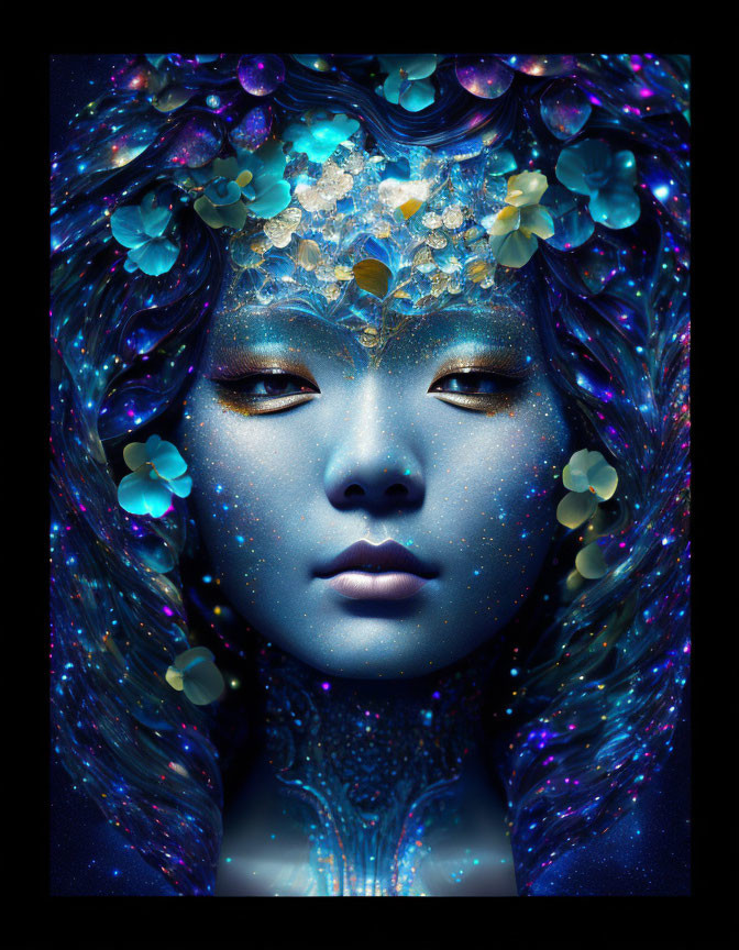 Vibrant blue-skinned woman with golden headpieces in cosmic setting