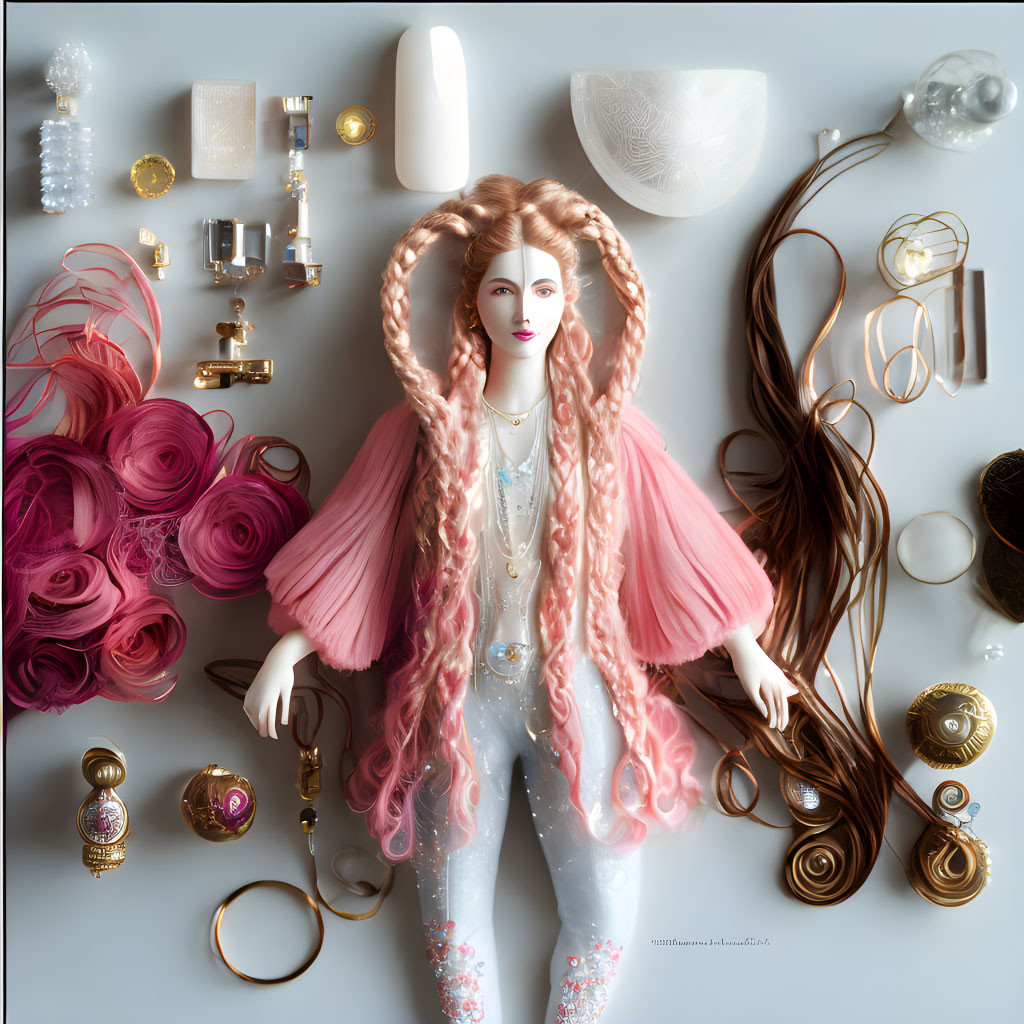 Flat Lay Composition: Doll with Jewelry, Vases, and Ribbons in Harmonious Colors