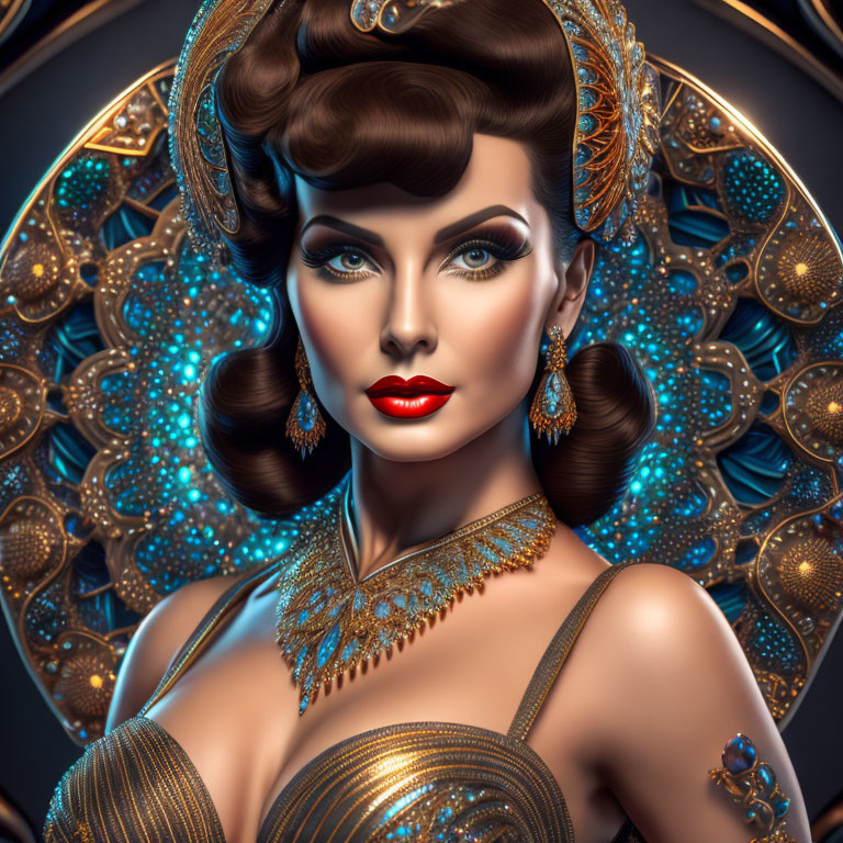 Stylized digital artwork of woman with ornate jewelry and peacock-inspired backdrop