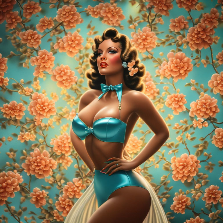 Vintage-inspired woman in teal bikini with floral backdrop