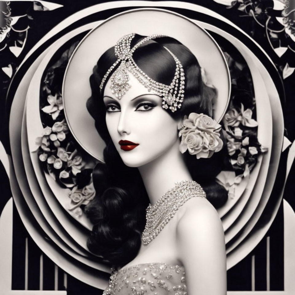 Monochrome vintage glamor portrait with headpiece, makeup, jewelry, abstract patterns.