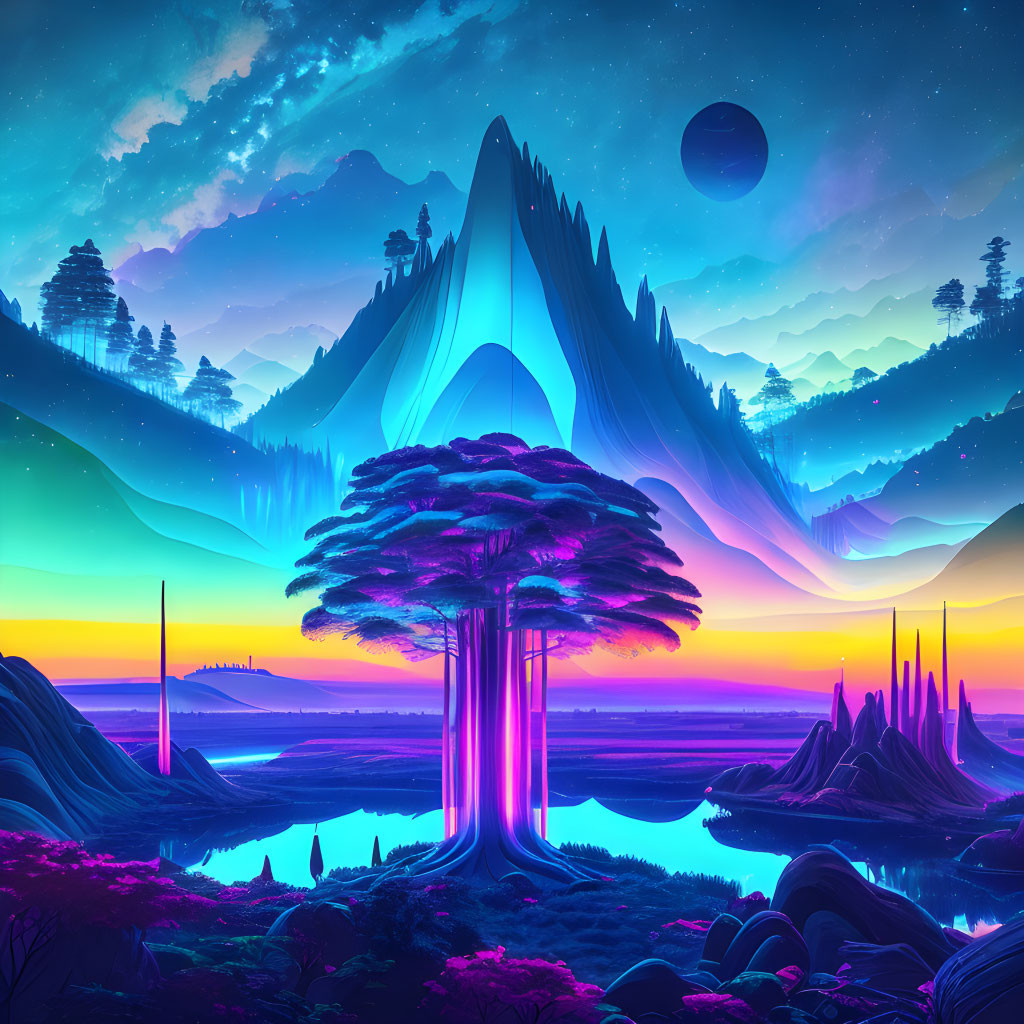 Majestic tree in vibrant neon landscape