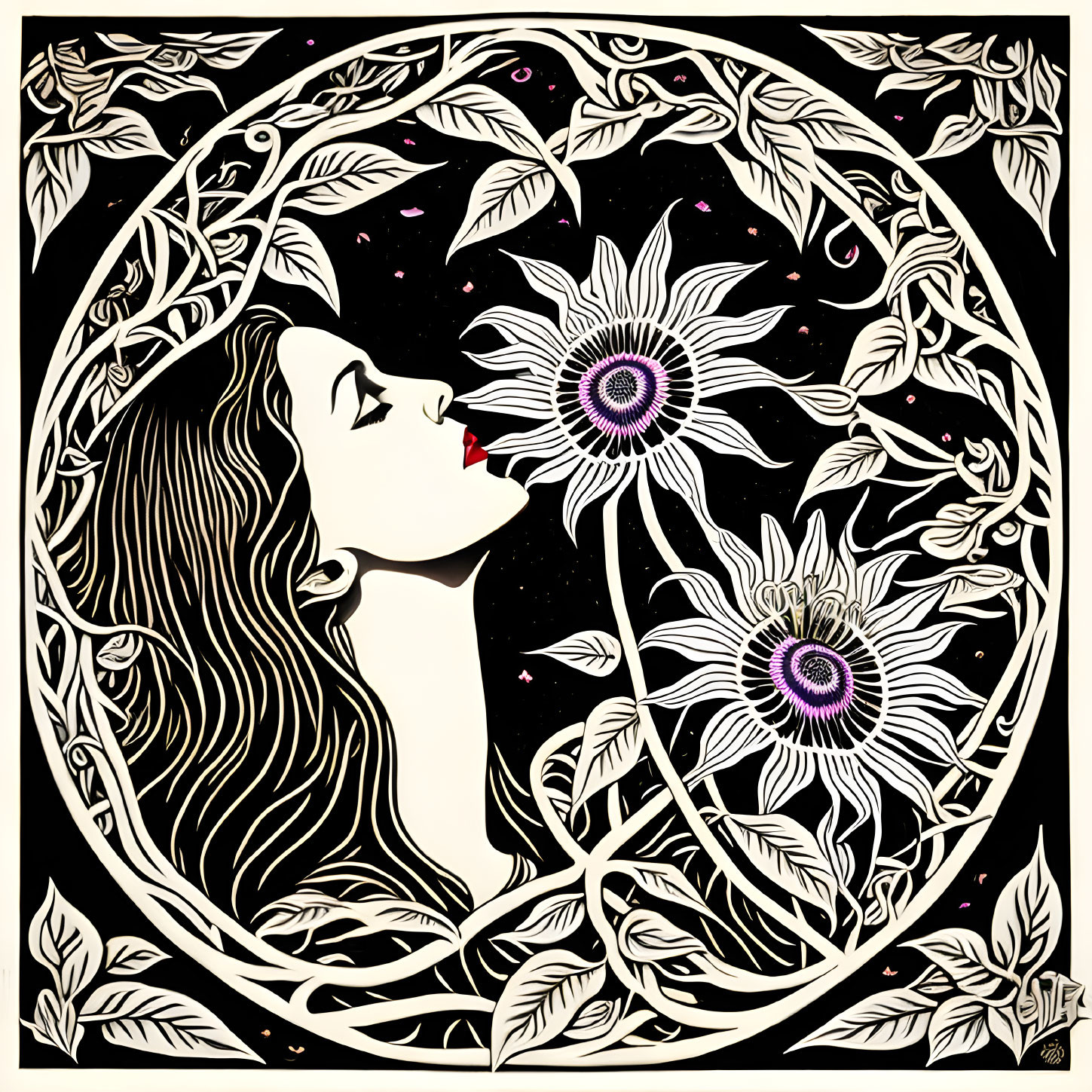 Monochromatic woman profile with floral pattern and flowers