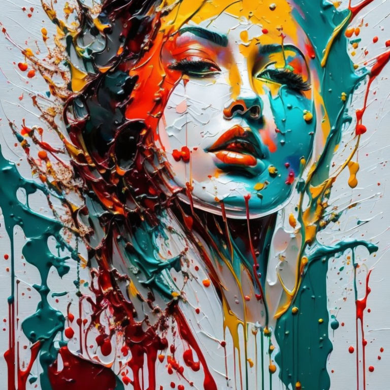 Colorful Abstract Portrait of Woman with Expressive Paint Splashes