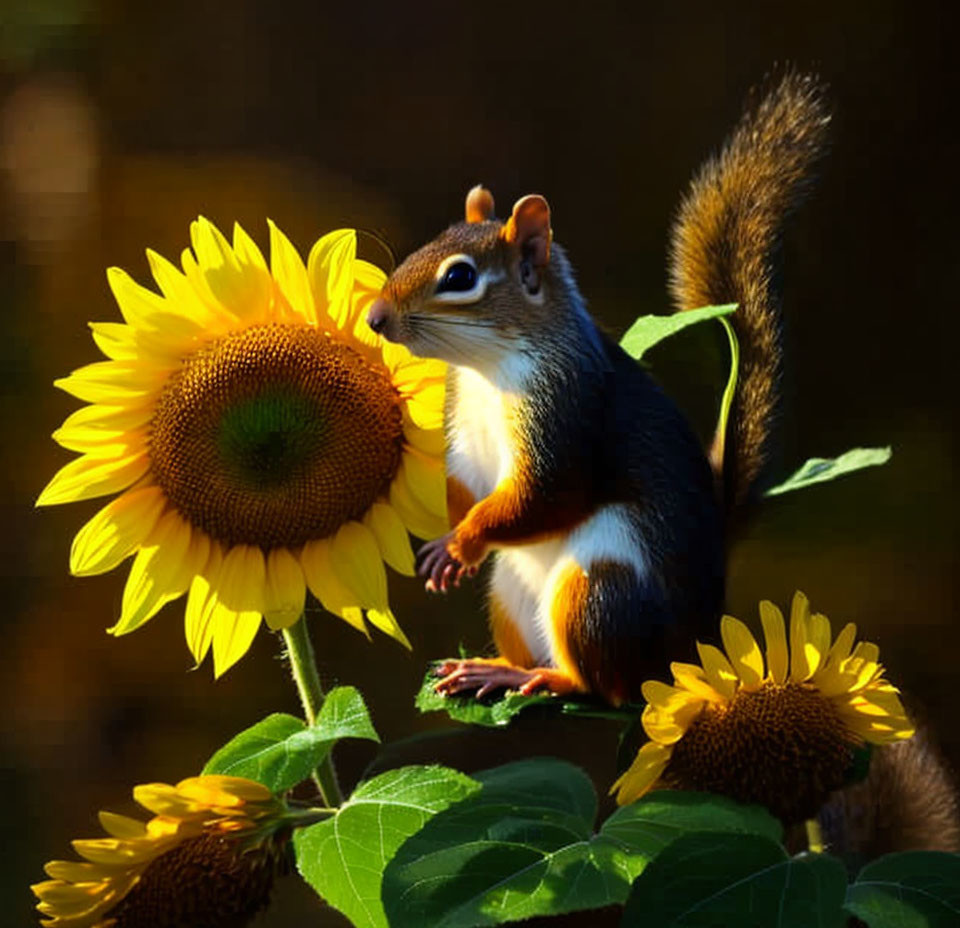 Squirrel on sunflower stem with blooming flowers & blurred background