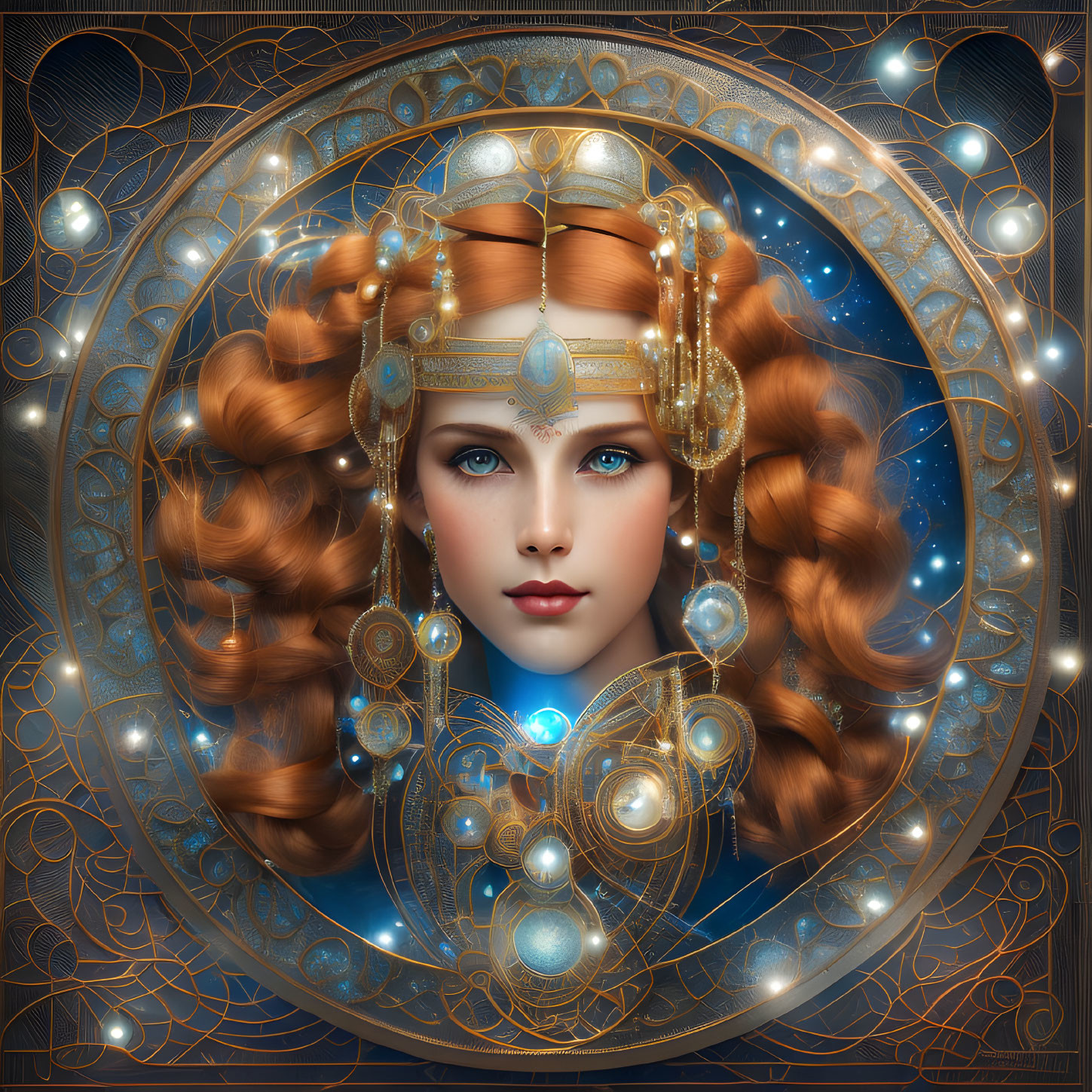 Illustrated portrait of woman with blue eyes and golden headpiece in cosmic setting