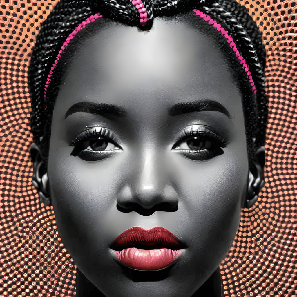 Digital portrait of woman with braided hair and red lips on halftone background