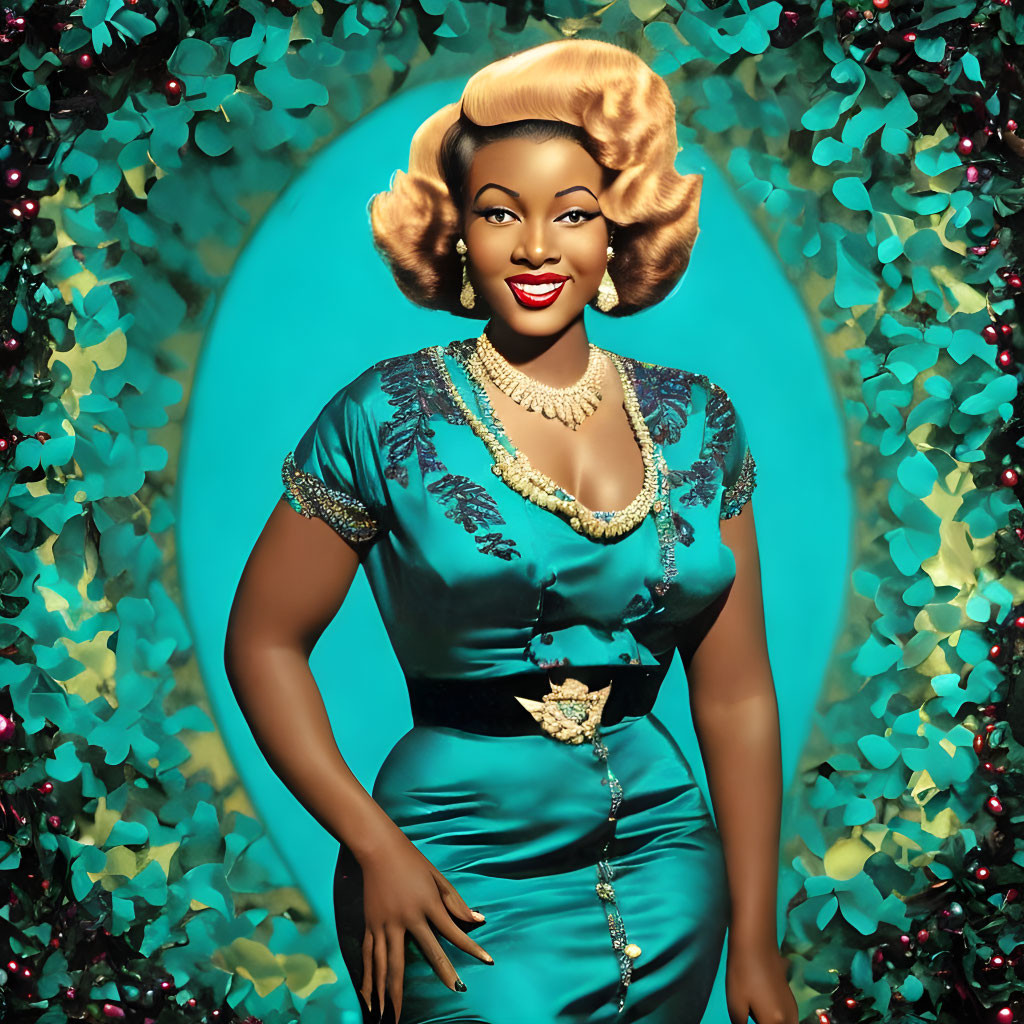 Vintage-inspired portrait of a woman in blue dress and pearls on teal backdrop