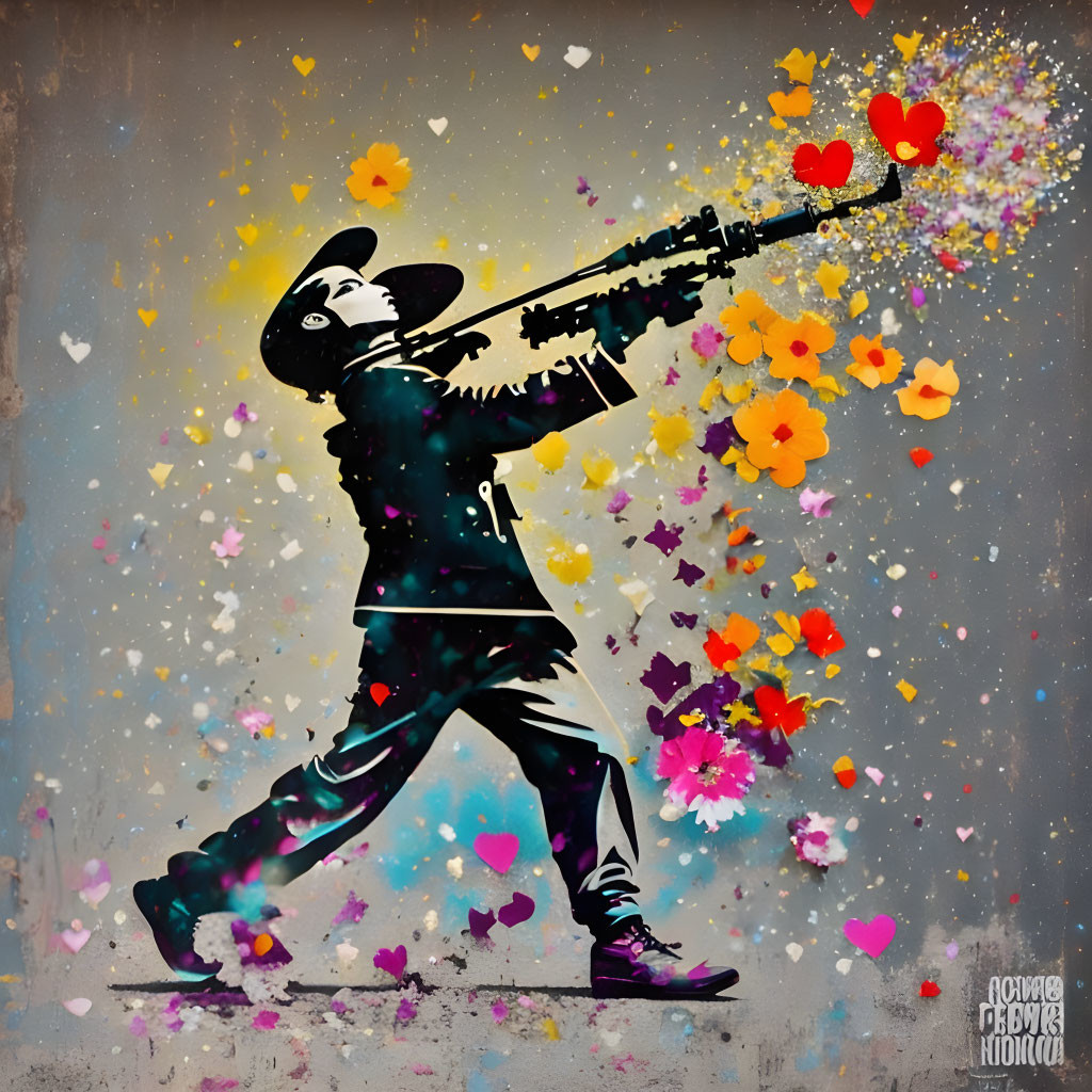 Person in hat firing rifle with flowers and hearts on grungy backdrop